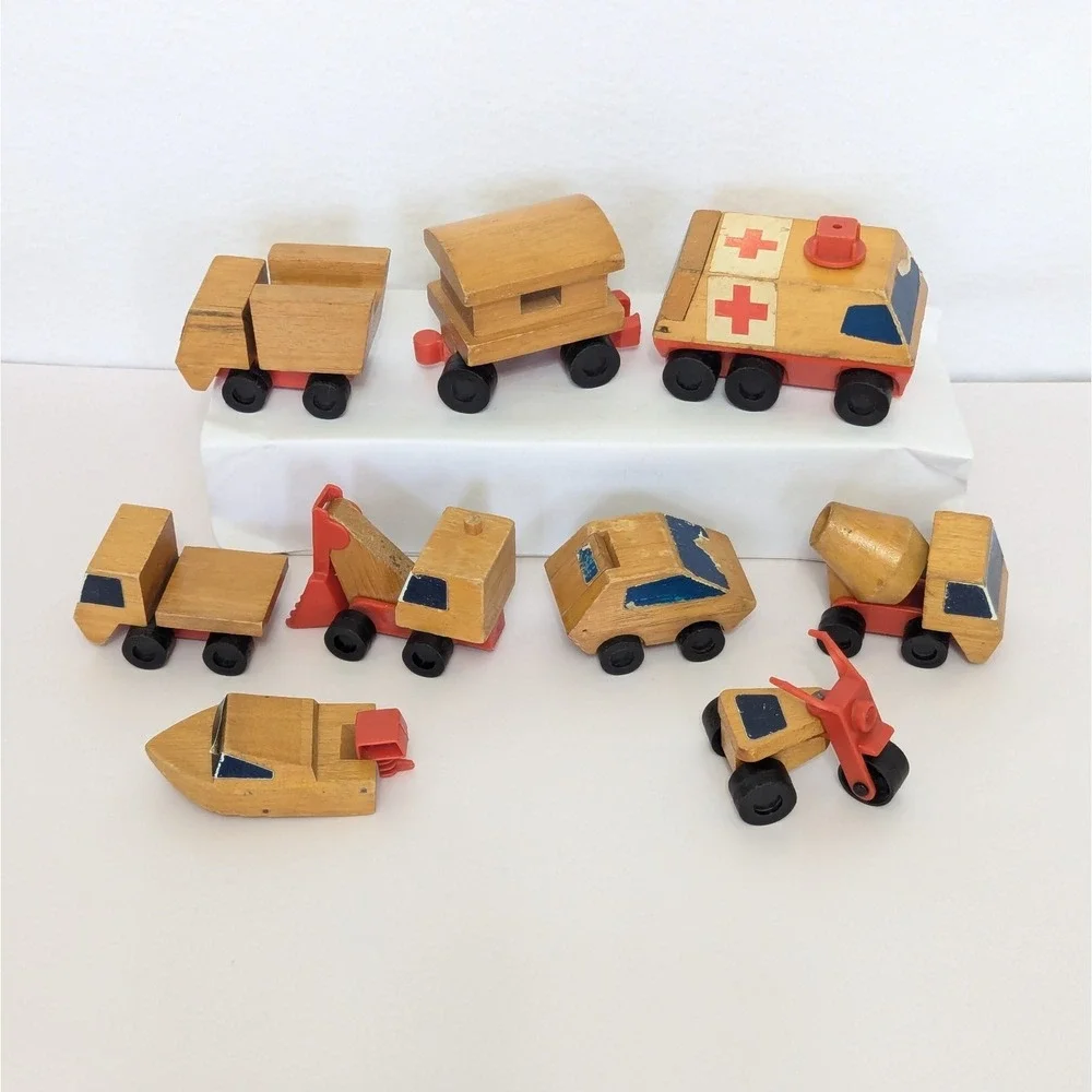 Vtg Lot of 9 Mattel Putt-putt Wood Toy Vehicles Truck Ambulance Boat Car Train